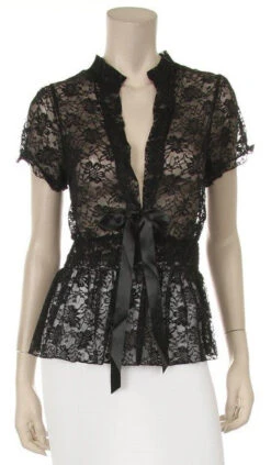 Black Short Sleeve Lace Top V Neck With Bow(Black Short Sleeve Lace Top V Neck With Bow)