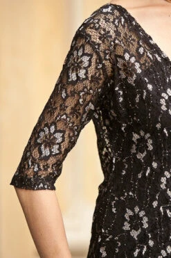 Short Black/Gold Lace Dress Mid Length Sleeve Front Pocket V Neck(Short Black Gold Lace Dress Mid Length Sleeve Front Pocket V Neck) -Dress Promotion Store yhst 94935736666794 2454 1169714918
