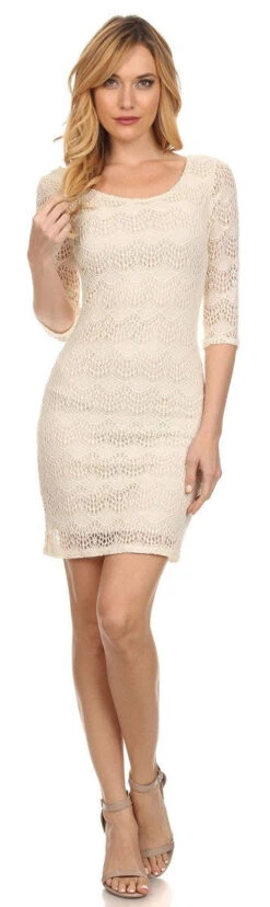 Short Crochet A Line Body Con Dress White 3/4 Sleeves(Short Crochet A Line Body Con Dress White 3 4 Sleeves)