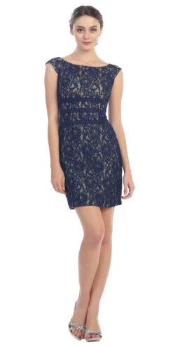 Eureka 2052 Two Tone Overlay Short Lace Dress Wide Strap(Two Tone Navy Blue Gold Overlay Short Lace Dress Wide Strap)