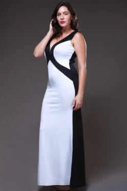 Fitted Black/Ivory Two Tone Maxi Dress V Neck Tank Straps(Fitted Black Ivory Two Tone Maxi Dress V Neck Tank Straps) -Dress Promotion Store yhst 94935736666794 2455 195019054