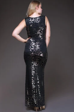 Long Black/Gold Foil Design Plus Size Maxi Dress Front Slit Cowl(Long Black Gold Foil Design Plus Size Maxi Dress Front Slit Cowl) -Dress Promotion Store yhst 94935736666794 2455 292875319
