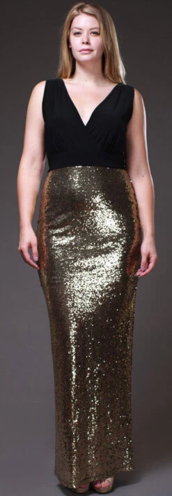 Long Black/Gold Sequins Dress V Neck Wide Straps Spandex(Long Black Gold Sequins Dress V Neck Wide Straps Spandex)
