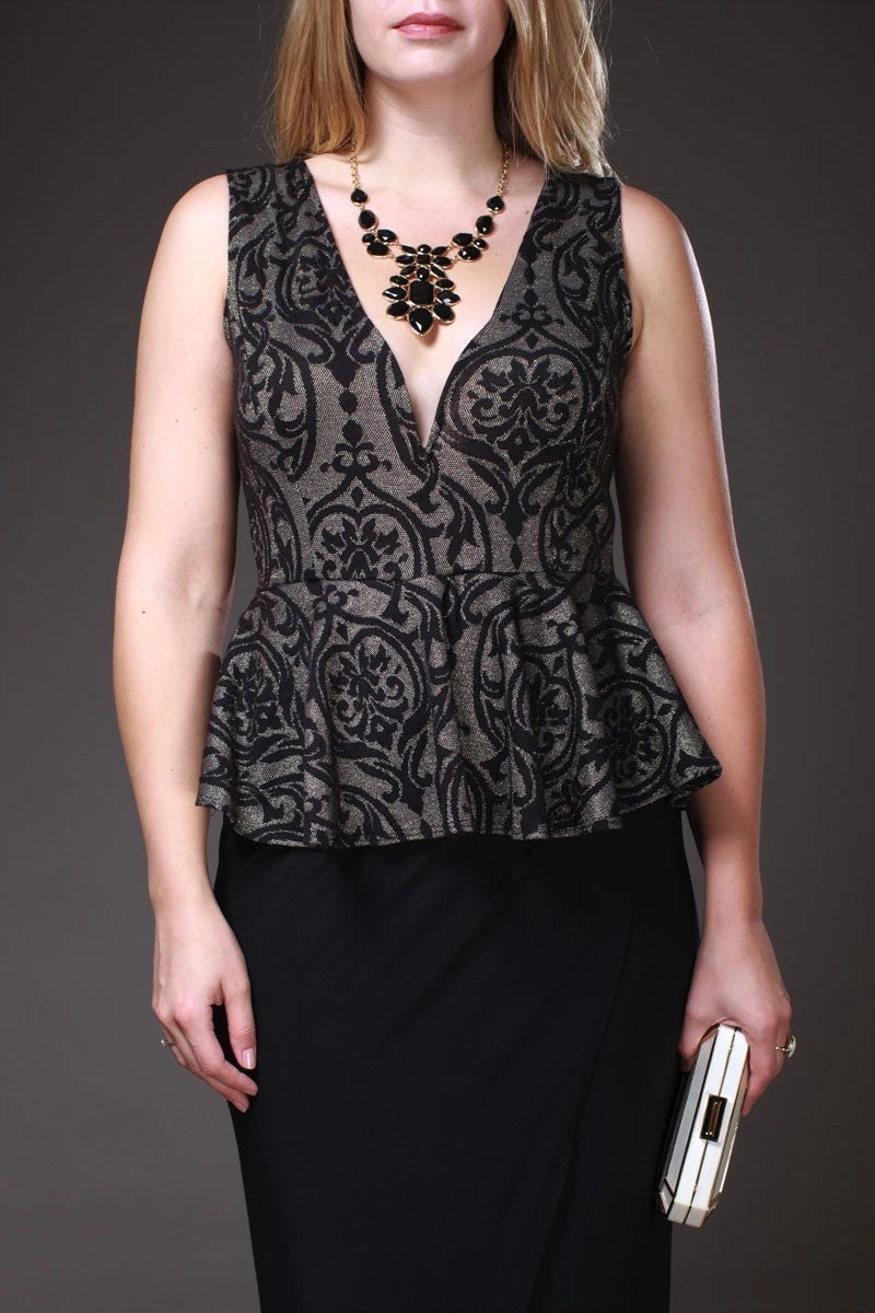 Tea Length Black Gold Semi Formal Peplum Dress V Neck Tank Strap(Tea Length Black Gold Semi Formal Peplum Dress V Neck Tank Strap) 7 Tea Length Black Gold Semi Formal Peplum Dress V Neck Tank Strap(Tea Length Black Gold Semi Formal Peplum Dress V Neck Tank Strap) - Image 5