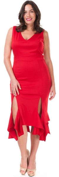 Tea Length Plus Size Red Sheath Dress Ruffled Double Slit Hem(Tea Length Plus Size Red Sheath Dress Ruffled Double Slit Hem)