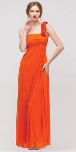 Eureka 1701 Rosette Strapped One Shoulder Long Dress(Rosette Strapped One Shoulder Long Orange Column Dress)