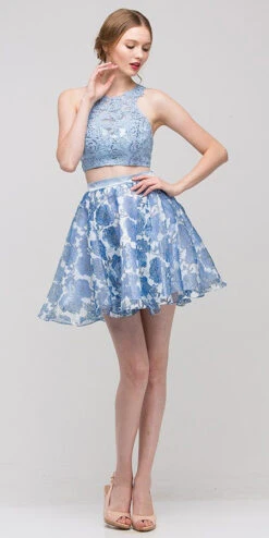 Eureka 4200 Lace 2-Piece Top Dress Lining Criss Cross Back Print(2 Piece Lace Top Dress Sky Blue Lining Criss Cross Back Print) -Dress Promotion Store yhst 94935736666794 2456 292179461