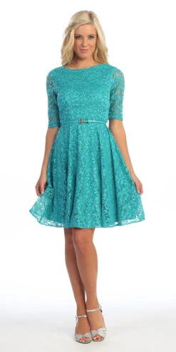 Celavie 2367 Lace Dress Short Removable Belt Mid Sleeves(Cute And Casual Emerald Lace Dress Short Removable Belt Mid Sleeves)