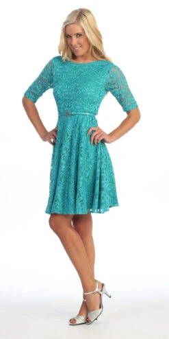 Celavie 2367 Lace Dress Short Removable Belt Mid Sleeves(Cute And Casual Emerald Lace Dress Short Removable Belt Mid Sleeves) -Dress Promotion Store yhst 94935736666794 2457 1416939258 1
