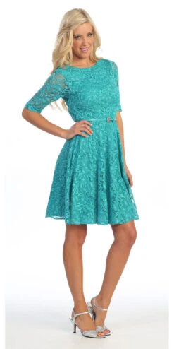 Celavie 2367 Lace Dress Short Removable Belt Mid Sleeves(Cute And Casual Emerald Lace Dress Short Removable Belt Mid Sleeves) -Dress Promotion Store yhst 94935736666794 2457 1417193158 1