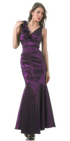 Celavie 2207L Mermaid Dress Long Satin Flower Strap Flaired Skirt(Mermaid Gown Plum Dress Long Satin Flower Strap Flaired Skirt)