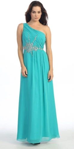 Eureka 2525 One Shoulder Ruched Chiffon Long Dress(One Shoulder Ruched Chiffon Jade Long Prom Dress)