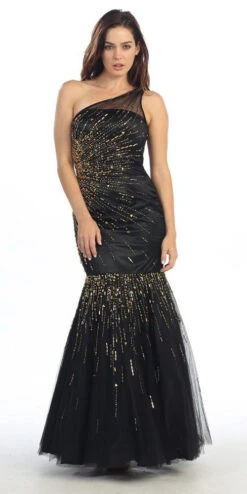 Eureka 3701 One Shoulder Sequined Long Mermaid Dress(One Shoulder Sequined Long Black Gold Mermaid Prom Dress)
