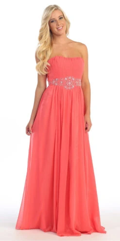 Celavie 3006 A-Line Long Dress Strapless Empire Beaded Waist(A Line Long Prom Dress Coral Strapless Empire Beaded Waist)