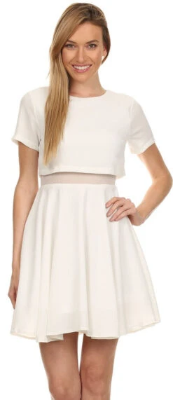 Short Sleeve Mini A Line White Dress Round Neck Mesh Inset(Short Sleeve Mini A Line White Dress Round Neck Mesh Inset)